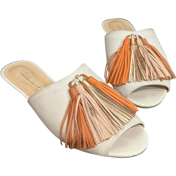 Anthropologie Vicenza‎ Tasseled Slides Leather Sandals Shoes 37 / 8 - Picture 1 of 5